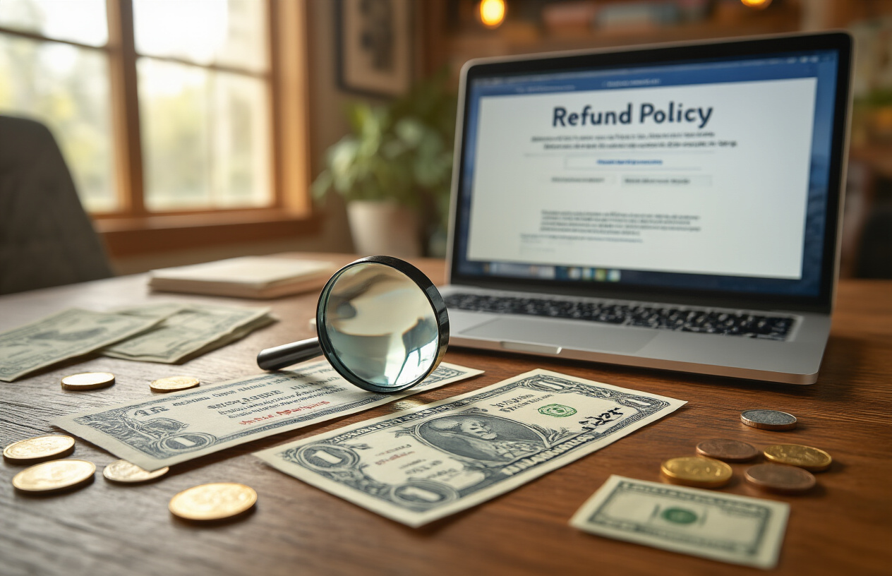 Create a realistic image of a close-up view of official Disneyland admission tickets spread out on a wooden desk surface next to an open laptop computer displaying a refund policy webpage, with a magnifying glass positioned over fine print text on one of the tickets, surrounded by scattered coins and dollar bills, in a well-lit office environment with warm natural lighting from a nearby window, conveying a careful comparison shopping atmosphere. Absolutely NO text should be in the scene.