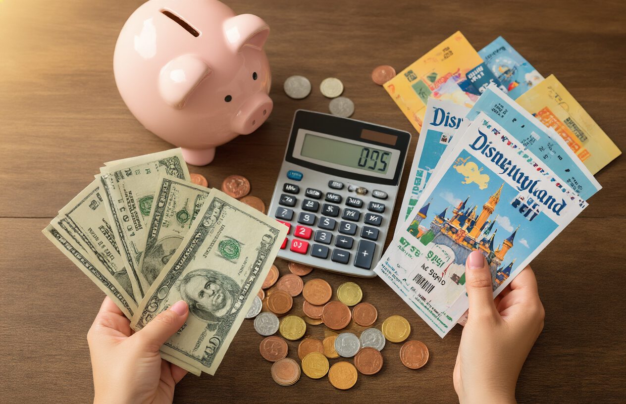 Create a realistic image of a family's hands holding various money-saving items including discount coupons, a calculator showing savings calculations, and colorful Disneyland ticket vouchers spread across a wooden table, with piggy bank and scattered coins in the background, warm natural lighting from above creating a focused and optimistic mood about financial planning, absolutely NO text should be in the scene.