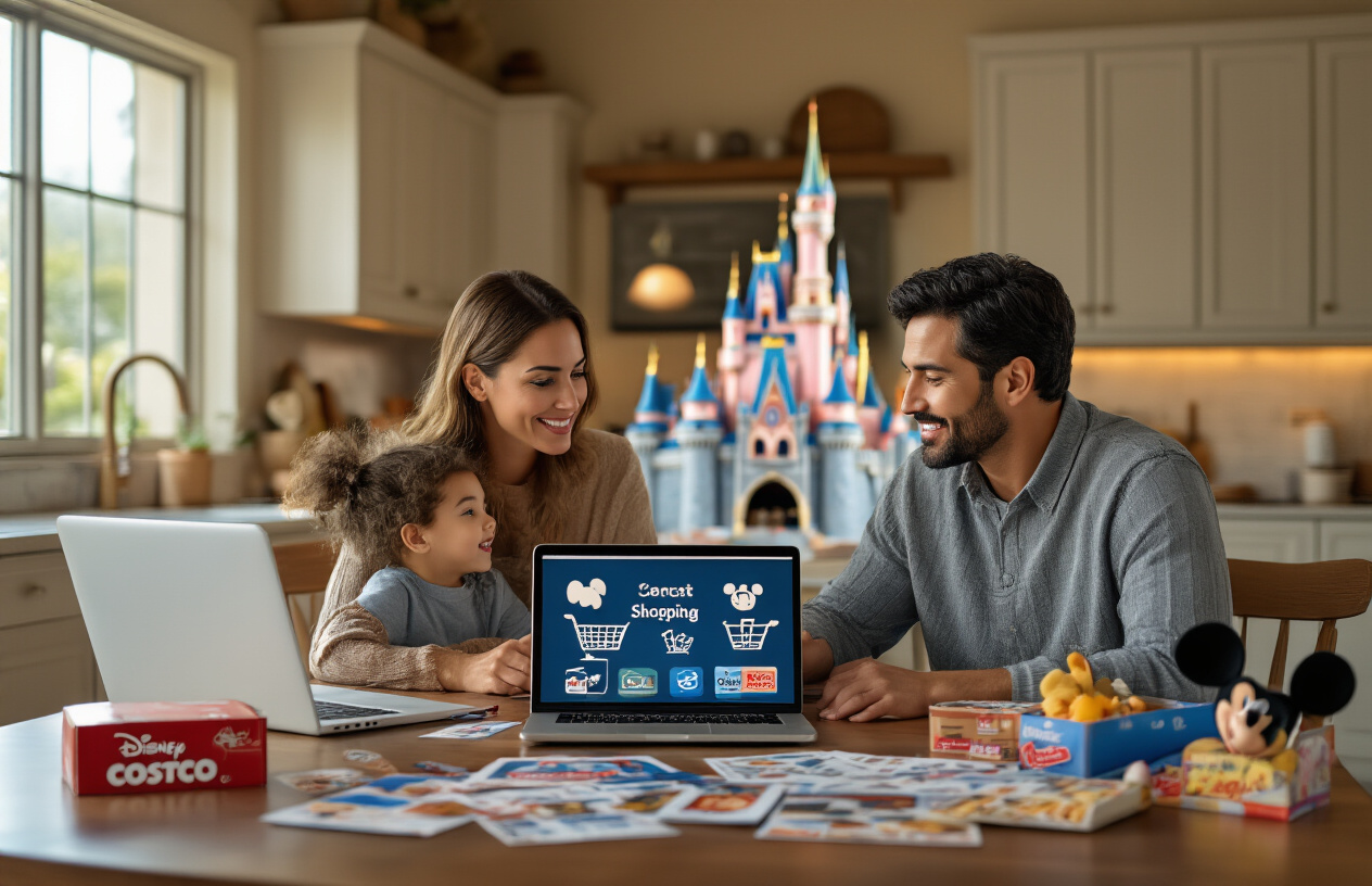Create a realistic image of a family decision-making scene featuring a white female adult and Hispanic male adult sitting at a modern kitchen table with a laptop computer open displaying shopping cart icons, surrounded by scattered Disney promotional materials and Costco membership cards, with Disneyland castle merchandise and Mickey Mouse souvenirs visible in the background, warm indoor lighting creating a cozy atmosphere suggesting careful financial planning and vacation preparation, with both adults appearing thoughtful and engaged in comparing options, absolutely NO text should be in the scene.