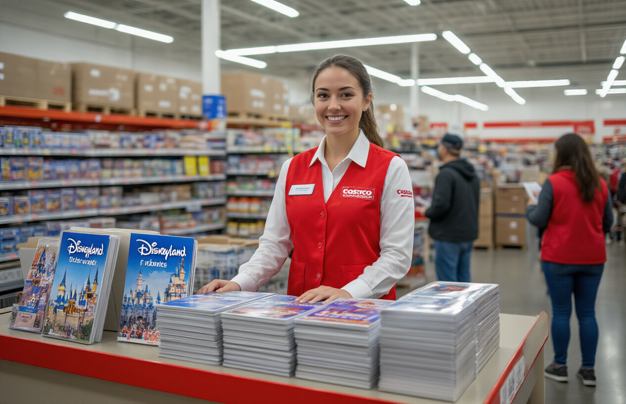 Create a realistic image of a Costco membership warehouse interior showing the customer service desk area with Disneyland ticket brochures and promotional materials displayed on the counter, featuring a white female Costco employee in red vest uniform standing behind the desk, with shelves of bulk merchandise visible in the background, bright fluorescent lighting typical of warehouse retail environments, and a few customers browsing nearby, absolutely NO text should be in the scene.