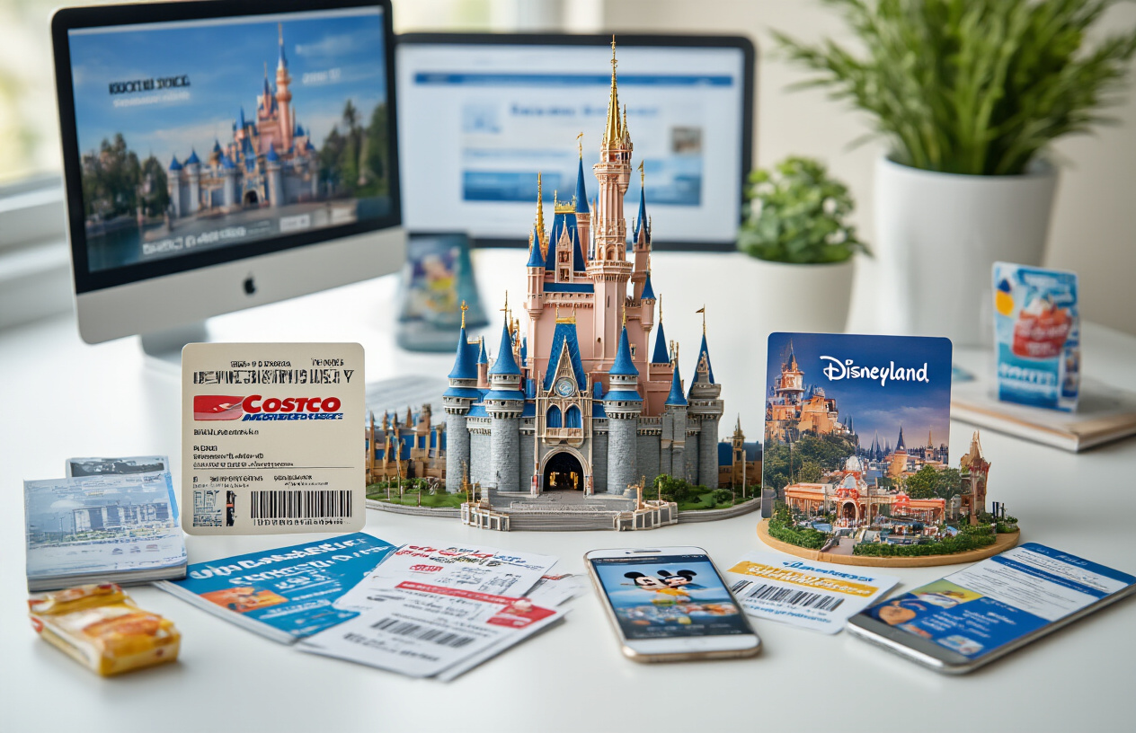 Create a realistic image of a split-screen comparison showing Costco membership cards and discount tickets on one side, and various other discount source materials like coupon websites on computer screens, travel agency brochures, and mobile apps displaying ticket deals on the other side, with Disneyland castle miniature models and Disney-themed items scattered around both sides, set on a clean white desk surface with soft natural lighting from above, creating a professional analysis atmosphere for budget comparison research, absolutely NO text should be in the scene.