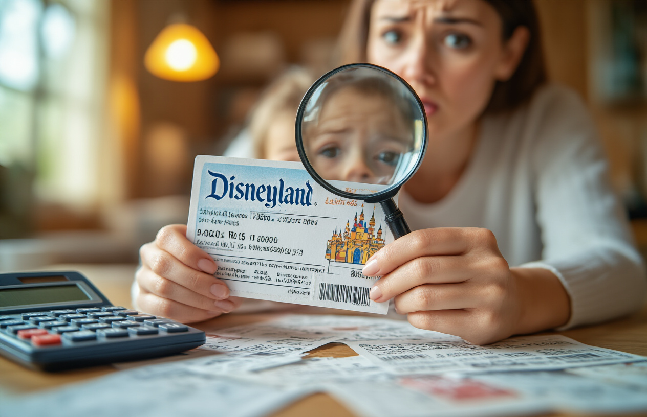 Create a realistic image of a family's hands holding Disneyland tickets with a magnifying glass revealing fine print and additional fees, surrounded by scattered receipts showing extra charges for parking, food, and souvenirs, with a calculator displaying high numbers and a worried expression on a white female's face in the background, warm indoor lighting with a cluttered desk surface, conveying concern and financial stress about unexpected costs, absolutely NO text should be in the scene.