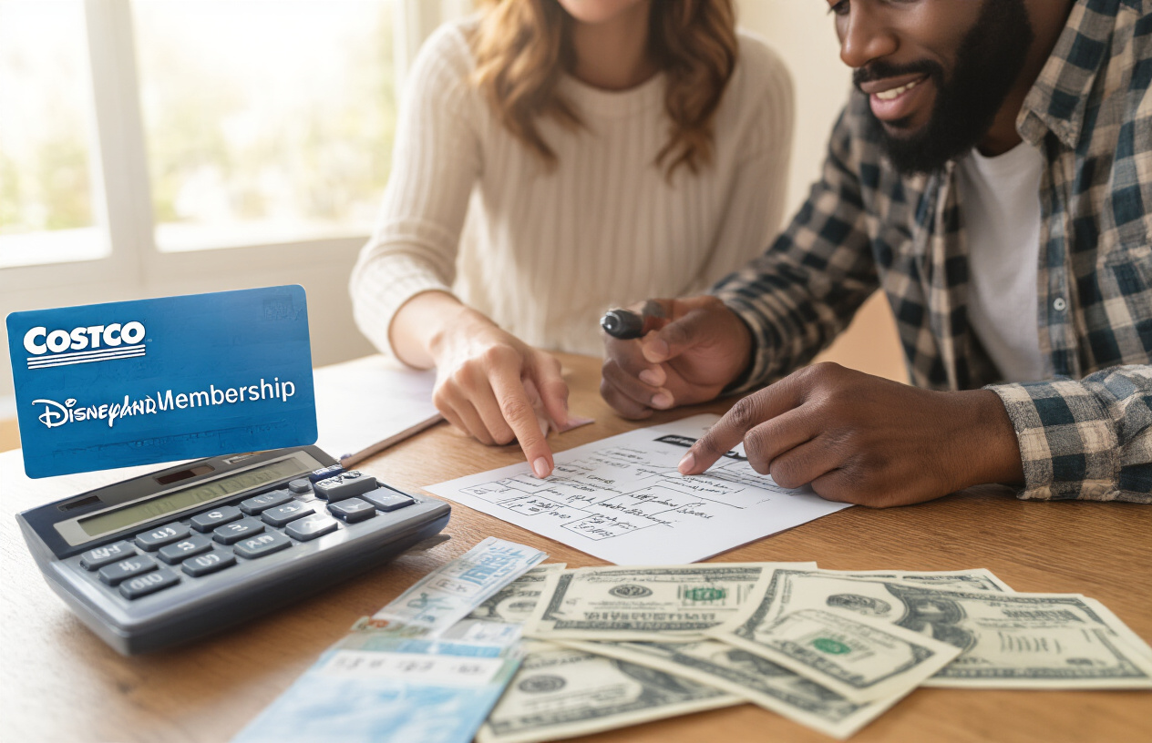 Create a realistic image of a family planning table with Costco membership cards, Disneyland ticket vouchers, a calculator, and dollar bills spread across a wooden surface, with a white female adult pointing at ticket prices on papers while a black male adult takes notes, bright natural lighting from a nearby window creating a warm productive atmosphere, Absolutely NO text should be in the scene.