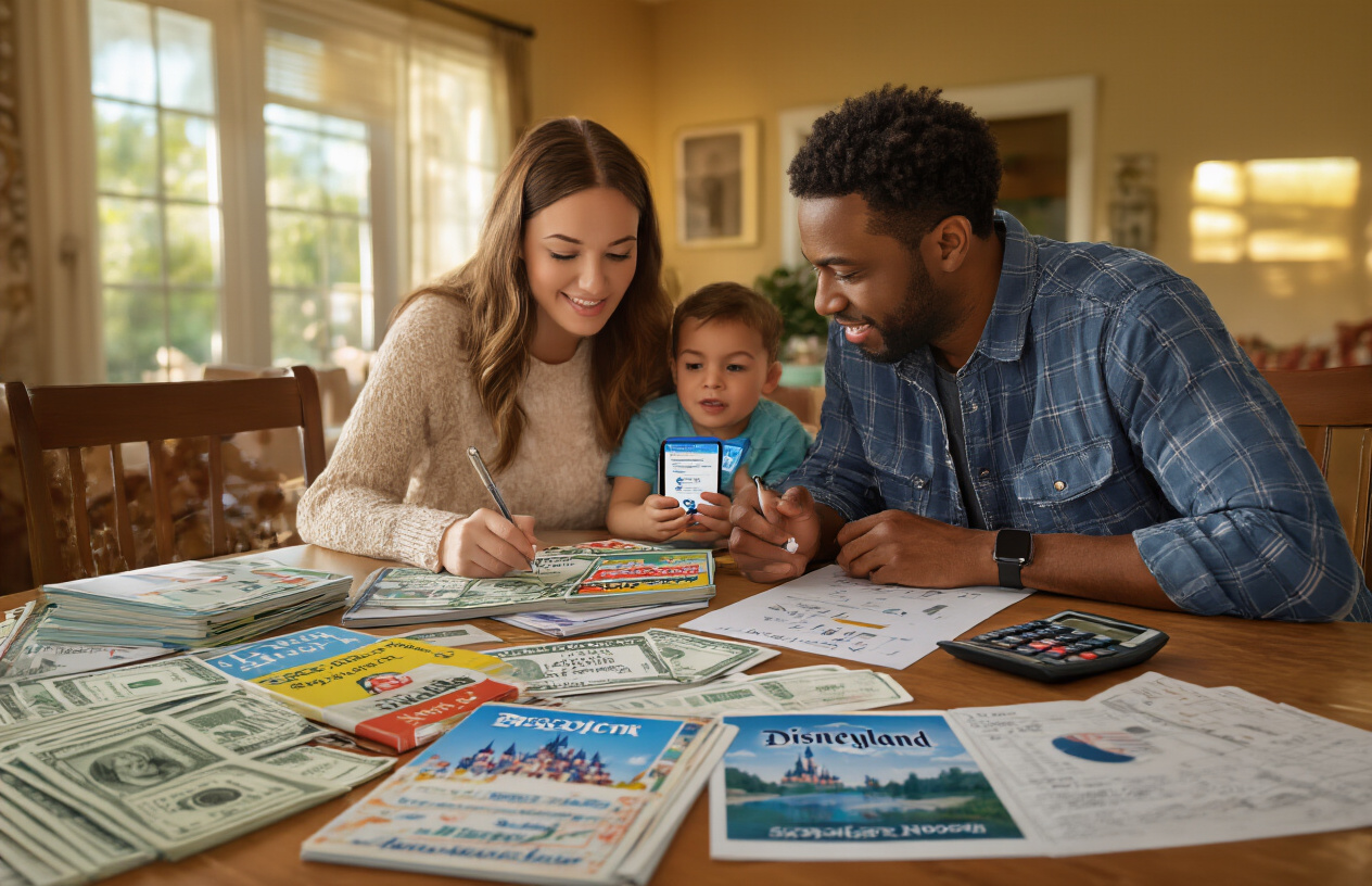 Create a realistic image of a family planning table scene with various money-saving materials spread out including discount coupon books, smartphone apps showing deals, printed vacation planning guides, a calculator, and a notebook with budget calculations, featuring a diverse group including a white female and black male looking at alternative discount options, warm indoor lighting creating a focused planning atmosphere, with Disneyland brochures visible among the materials, absolutely NO text should be in the scene.