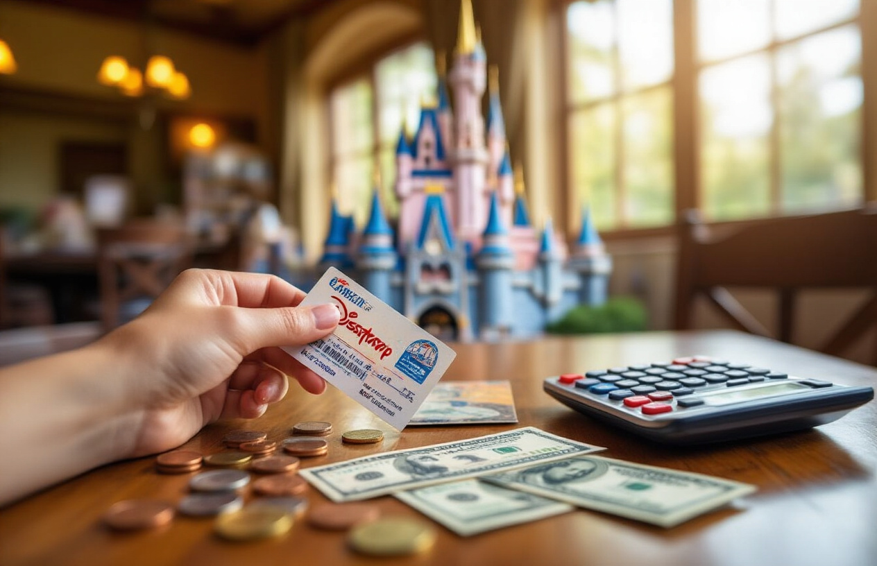 Create a realistic image of a close-up view of a family's hands holding colorful Disneyland admission tickets and a Costco membership card on a wooden table surface, with scattered coins and dollar bills around them, a calculator showing numbers, and the iconic Disneyland castle visible but blurred in the soft-focused background, warm natural lighting creating a cozy planning atmosphere that conveys smart budgeting and successful trip preparation, absolutely NO text should be in the scene.