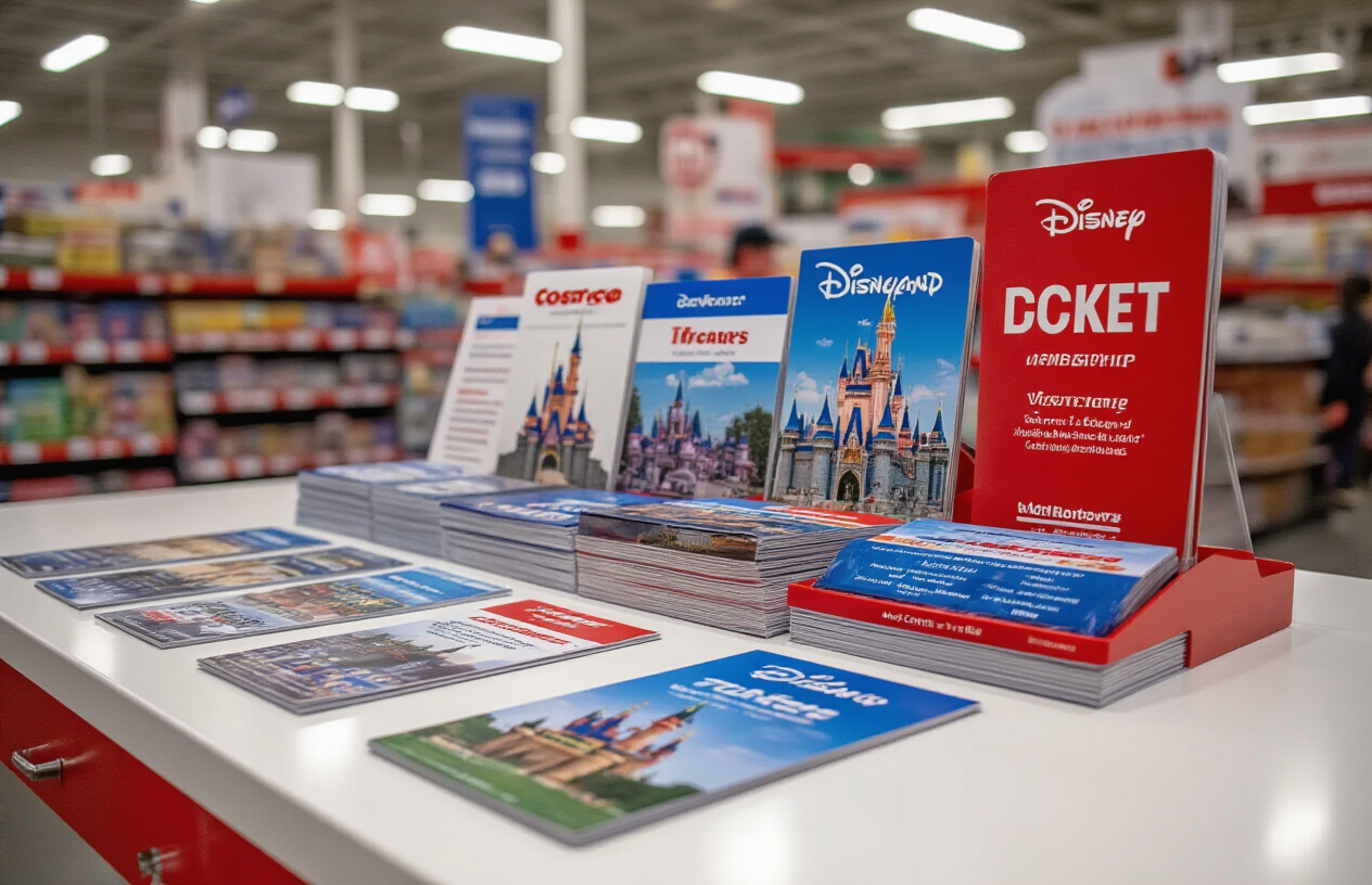 Create a realistic image of a Costco membership counter display showing various Disneyland ticket packages and brochures spread out on a clean white counter surface, with colorful Disney-themed promotional materials featuring castle logos and park imagery, alongside Costco's distinctive red and white branding elements, under bright retail store lighting with a blurred warehouse store background, captured from a customer's perspective looking down at the available ticket options, absolutely NO text should be in the scene.