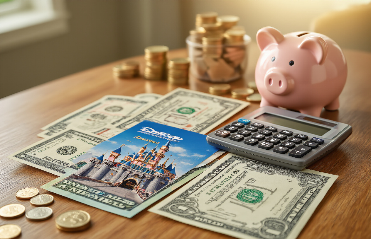 Create a realistic image of a comparison scene showing Disneyland ticket savings, featuring official Disneyland tickets spread on a wooden table next to a Costco membership card, with a calculator displaying dollar amounts, scattered coins and dollar bills, and a piggy bank in the background, set in warm natural lighting with a clean, organized appearance that conveys financial planning and savings. Absolutely NO text should be in the scene.