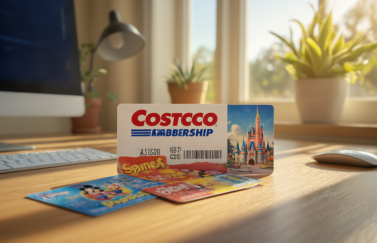 Create a realistic image of a Costco membership card prominently displayed alongside colorful Disney theme park tickets on a clean wooden desk surface, with a computer keyboard and mouse visible in the background suggesting online ticket purchasing, warm natural lighting from a nearby window creating a comfortable home office atmosphere, absolutely NO text should be in the scene.