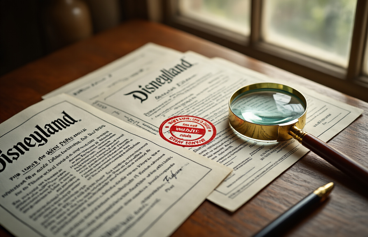 Create a realistic image of a close-up view of official Disneyland ticket booklets and brochures spread on a wooden desk surface with a red warning stamp or sticker visible on one of the documents, a magnifying glass positioned over fine print text sections, and a pen pointing to specific terms and conditions, with soft natural lighting from a window creating gentle shadows, conveying a serious and cautionary mood about reading important details, absolutely NO text should be in the scene.