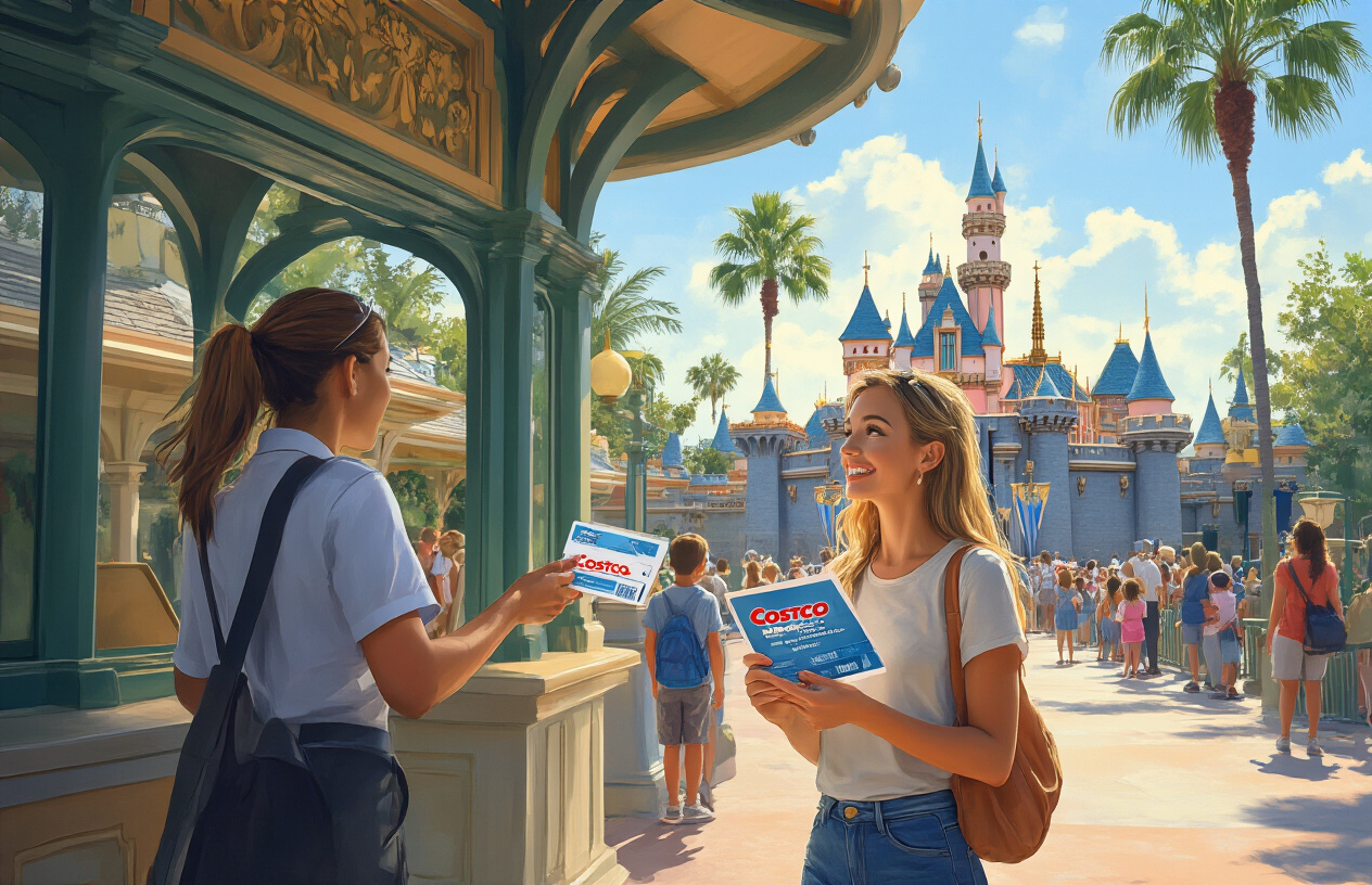 Create a realistic image of a white female visitor at Disneyland entrance gate holding printed Costco Disney tickets in her hand while approaching a Disney cast member at the ticket redemption booth, with the iconic Disneyland entrance structure and palm trees visible in the background, bright sunny California lighting, Disney castle partially visible in the distance, other families waiting in line nearby, cheerful and excited atmosphere, absolutely NO text should be in the scene.