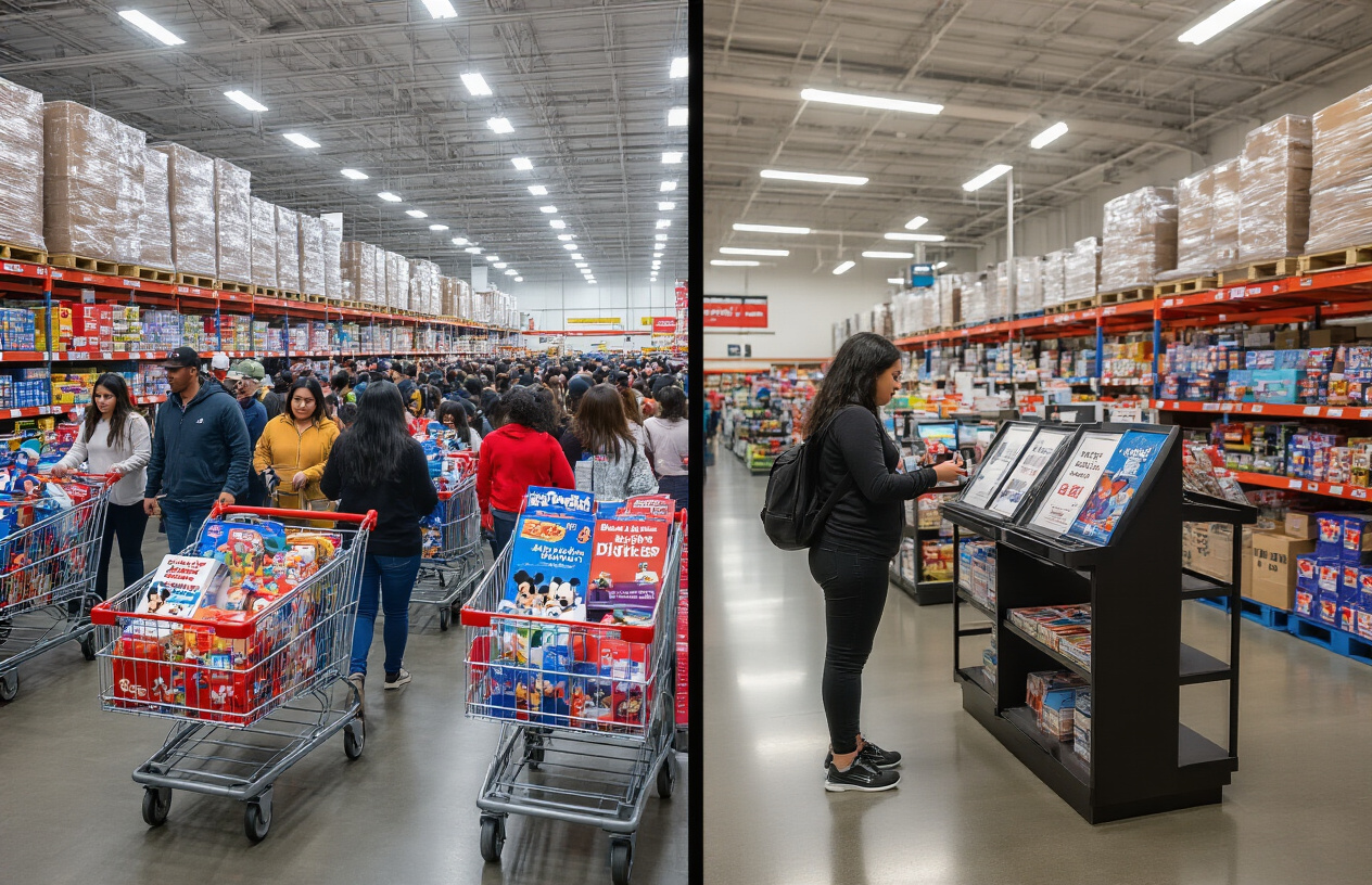 Create a realistic image of a split-screen composition showing two contrasting shopping scenarios at Costco, with the left side depicting a busy crowded warehouse store during peak season with multiple white and hispanic families pushing shopping carts filled with Disney-themed merchandise and gift cards near checkout lines, and the right side showing a calm, less crowded Costco warehouse with a single black female customer leisurely examining Disney ticket packages at a dedicated display stand, overhead fluorescent lighting illuminating both scenes, with Costco's signature warehouse shelving and bulk products visible in the background, conveying the contrast between busy and optimal shopping times, absolutely NO text should be in the scene.