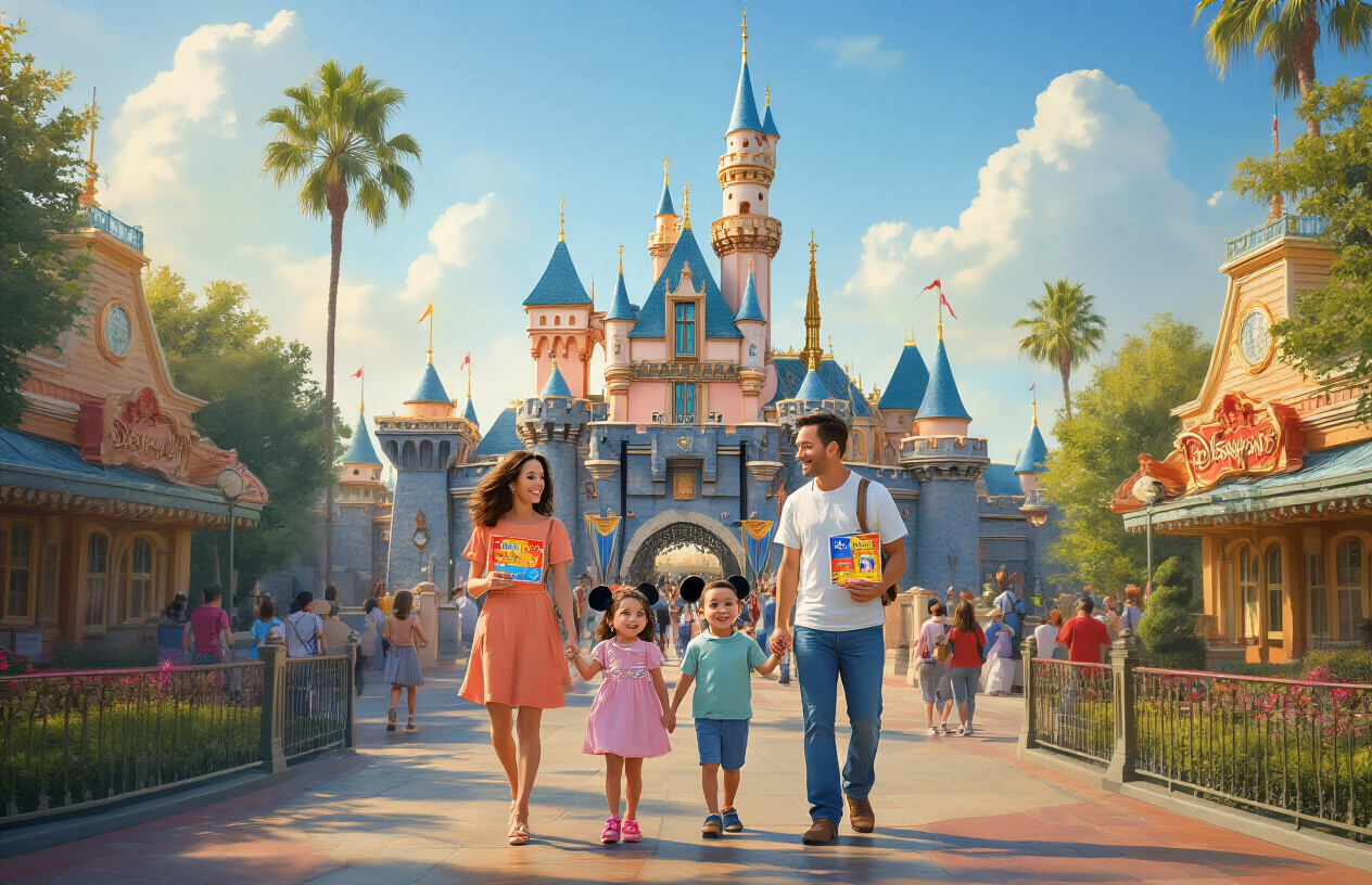 Create a realistic image of a happy white family of four (two parents and two children) walking through the iconic entrance gates of Disneyland with Sleeping Beauty Castle visible in the background, holding colorful Disney admission tickets in their hands, surrounded by other diverse visitors, with bright sunny California lighting, palm trees, and the classic Disneyland entrance architecture featuring the vintage ticket booths and turnstiles, conveying a sense of excitement and successful trip planning, with Mickey Mouse topiary gardens visible in the scene, absolutely NO text should be in the scene.