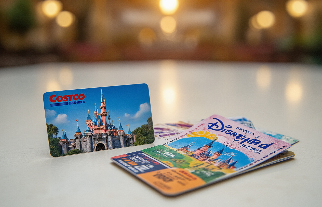Create a realistic image of a Costco membership card placed next to colorful Disney theme park tickets on a clean white surface, with the iconic Disneyland castle blurred softly in the background, warm natural lighting illuminating the scene from above, creating a professional and informative atmosphere that suggests savings and membership benefits, absolutely NO text should be in the scene.