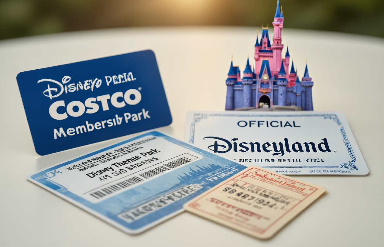 Create a realistic image of a side-by-side price comparison scene featuring two distinct ticket purchasing scenarios: on the left, a Costco membership card placed next to discounted Disney theme park tickets showing lower prices, and on the right, official Disneyland admission tickets at regular retail prices, with a subtle Disneyland castle silhouette in the blurred background, bright daylight lighting, clean white surface underneath the tickets, focusing on the clear price difference between the two ticket options, absolutely NO text should be in the scene.