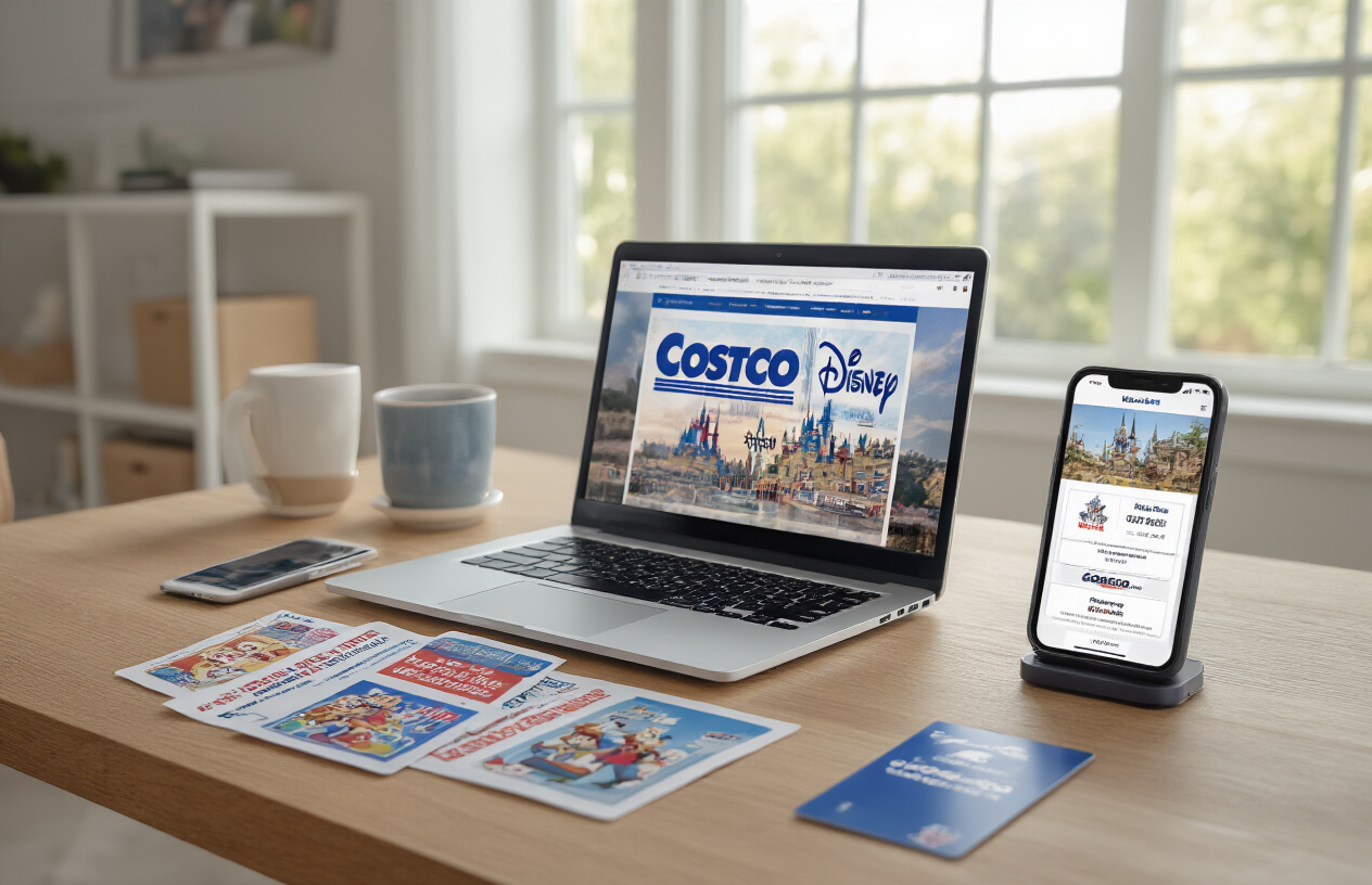 Create a realistic image of a white female customer sitting at a computer desk browsing the Costco website on a laptop screen, with official Disney theme park tickets spread out on the desk beside the laptop, a Costco membership card visible on the wooden desk surface, and a smartphone displaying the Costco mobile app nearby, set in a bright modern home office with natural lighting from a window, creating a helpful and organized shopping atmosphere, absolutely NO text should be in the scene.