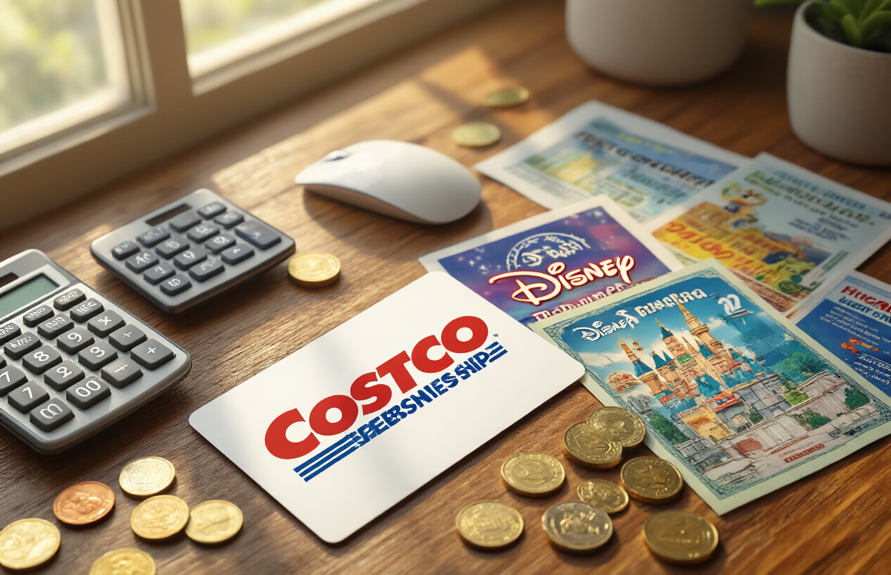 Create a realistic image of a Costco membership card placed next to colorful Disney theme park tickets and brochures on a wooden desk surface, with a calculator showing savings calculations, scattered coins and dollar bills, a computer mouse suggesting online research, warm natural lighting from a window creating soft shadows, conveying a sense of smart financial planning and discovered savings opportunities, absolutely NO text should be in the scene.