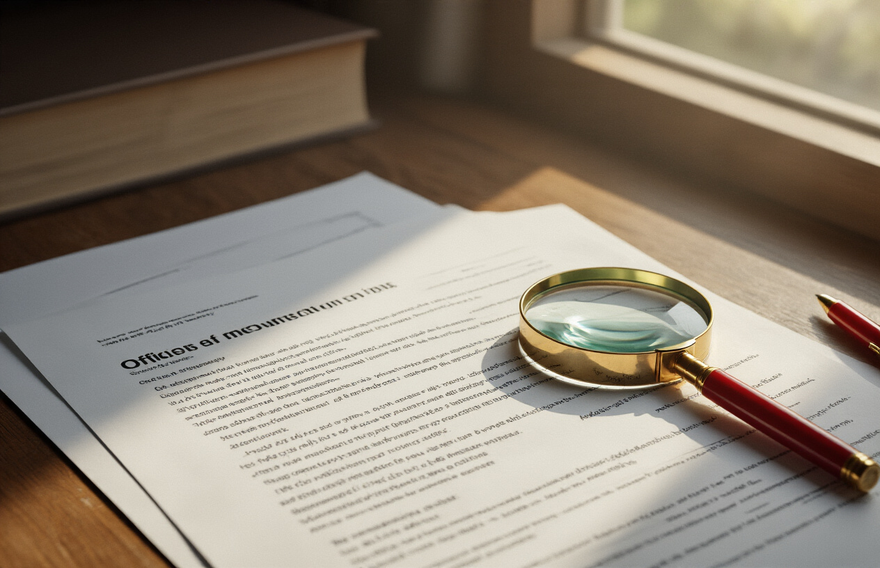 Create a realistic image of a close-up view of official document papers and legal forms spread on a wooden desk surface, with a magnifying glass positioned over small print text sections, a red pen nearby for marking important clauses, and soft natural lighting from a window creating gentle shadows across the paperwork, conveying a serious and careful review atmosphere. Absolutely NO text should be in the scene.