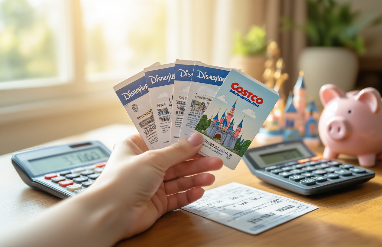 Create a realistic image of a white female hand holding Disneyland admission tickets fanned out, with a Costco membership card visible underneath, placed on a wooden table next to a calculator showing savings calculations, with Disney castle souvenirs and a piggy bank in the soft-focused background, warm natural lighting from a window creating a cozy home setting that conveys successful money-saving planning, absolutely NO text should be in the scene.