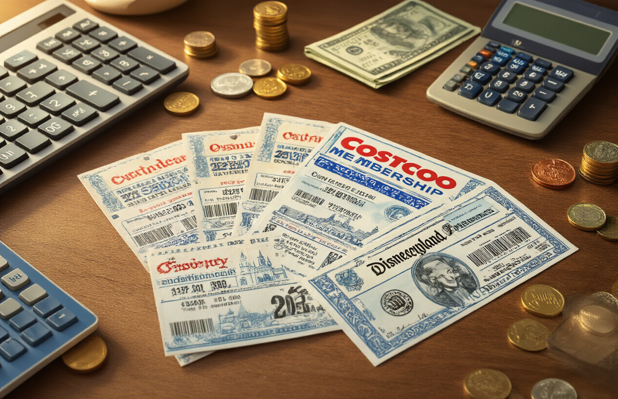 Create a realistic image of a wooden desk surface displaying official Disneyland admission tickets spread out in an organized manner alongside a Costco membership card, with a calculator showing price numbers, scattered coins and dollar bills, and a computer keyboard partially visible at the edge, all arranged under warm indoor lighting that highlights the ticket details and pricing elements, shot from above at a slight angle to show depth and detail of the financial planning scene, absolutely NO text should be in the scene.