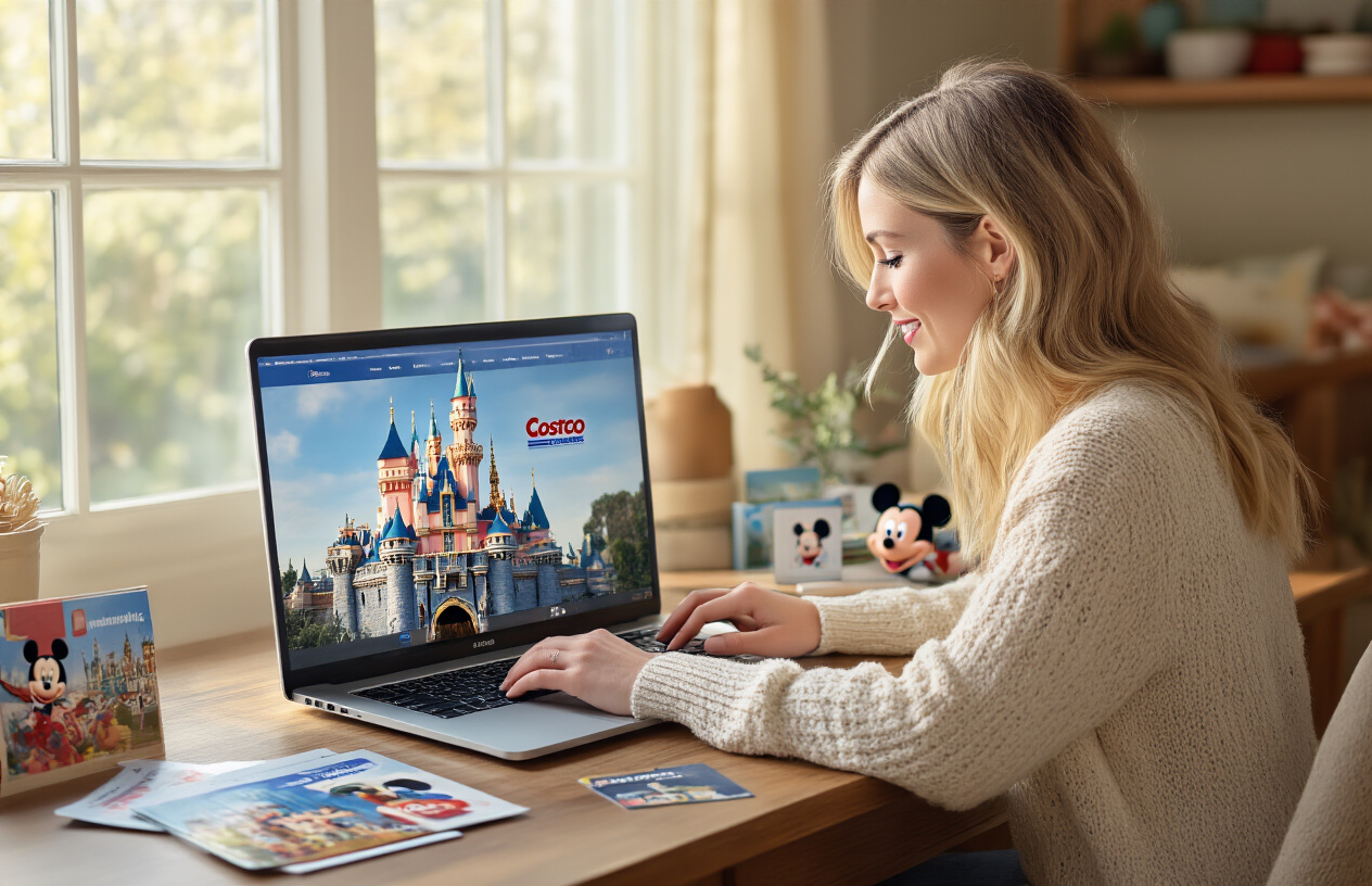 Create a realistic image of a white female customer sitting at a computer desk browsing the Costco website on a laptop screen, with Disneyland castle and Mickey Mouse imagery visible on the monitor, a Costco membership card placed beside the laptop, and Disney-themed materials like brochures scattered on the wooden desk surface, set in a cozy home office environment with warm natural lighting from a nearby window, creating a helpful and organized shopping atmosphere, absolutely NO text should be in the scene.