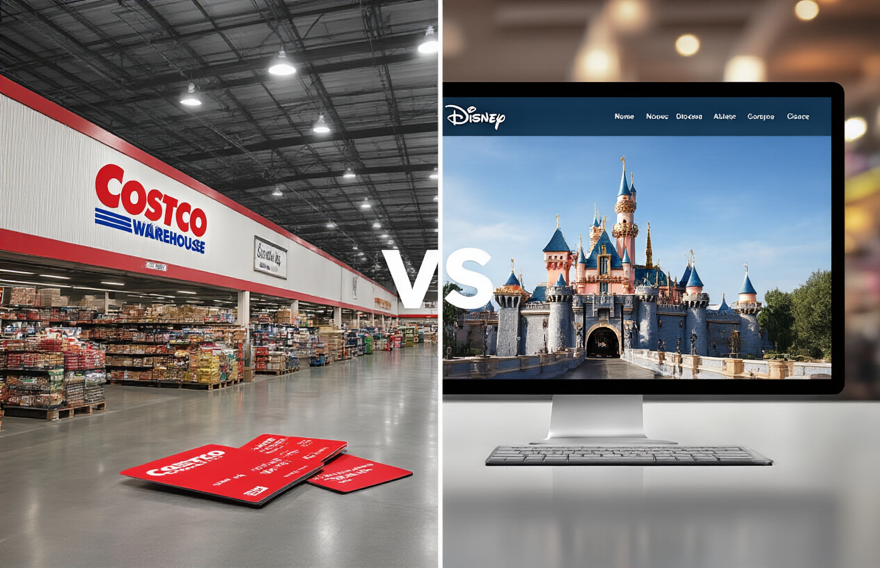 Create a realistic image of a split-screen comparison layout showing Costco warehouse interior on the left side with red membership cards and price tags, and Disney's official website interface on the right side displaying Disneyland castle logo and pricing information, with a subtle versus symbol in the center, clean modern lighting, professional business atmosphere, bright and clear visibility for easy comparison, Absolutely NO text should be in the scene.