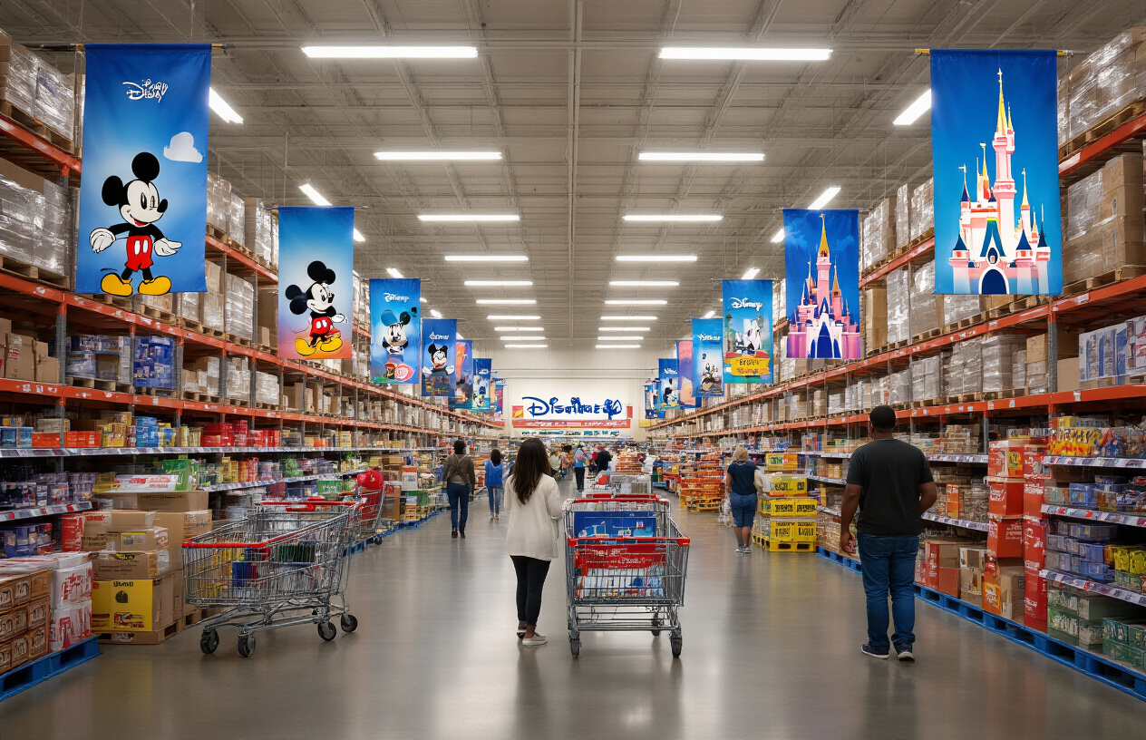 Create a realistic image of a Costco warehouse store interior with Disney-themed promotional displays featuring colorful banners showing Mickey Mouse silhouettes and Disney castle imagery, shopping carts in the foreground, wide aisles with high shelving, bright fluorescent lighting overhead, and a few diverse shoppers including a white female and black male browsing near the Disney vacation package display area, warm and inviting retail atmosphere, absolutely NO text should be in the scene.