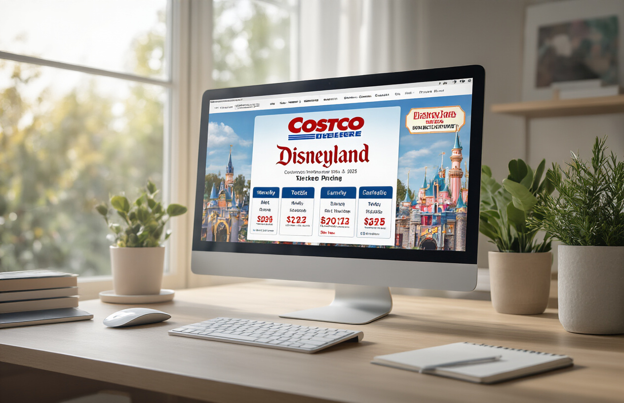 Create a realistic image of a modern computer screen displaying a Costco website with Disneyland ticket pricing information, showing calendar interface with 2025 dates highlighted, surrounded by updated price tags and promotional banners, with a clean office desk setup including a wireless mouse and notepad, soft natural lighting from a window creating a professional atmosphere, Absolutely NO text should be in the scene.