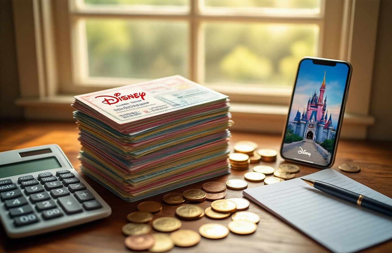 Create a realistic image of a stack of colorful Disney tickets and Costco membership cards arranged on a wooden desk next to a calculator displaying numbers, with coins and dollar bills scattered around, a smartphone showing a Disney castle wallpaper, and a notepad with a pen beside it, all illuminated by warm natural lighting from a window, creating a financial planning atmosphere that suggests maximizing savings and investment returns, absolutely NO text should be in the scene.