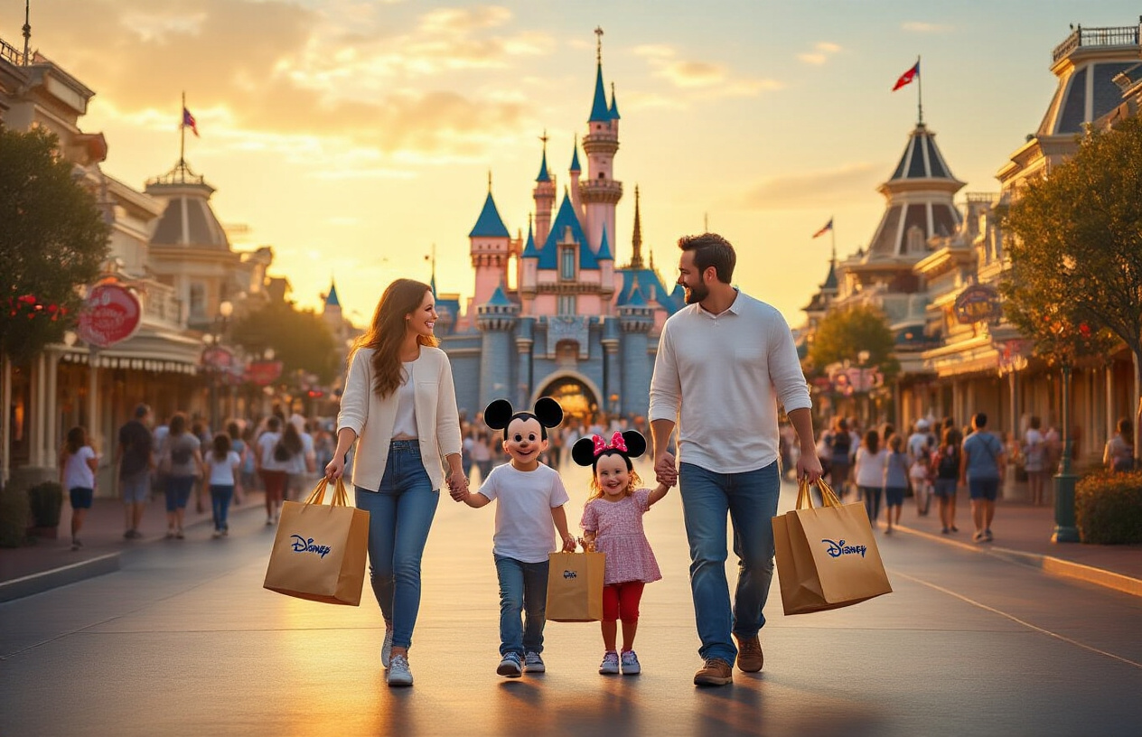 Create a realistic image of a happy white family of four (two adults and two children) walking through Disneyland's Main Street USA with Sleeping Beauty Castle visible in the background, carrying Costco shopping bags and Disney merchandise, with golden hour lighting creating a warm and magical atmosphere, showing Mickey Mouse ears on the children and parents holding what appears to be a membership card, surrounded by other diverse families enjoying the park, with colorful Disney decorations and attractions visible in the mid-ground, absolutely NO text should be in the scene.