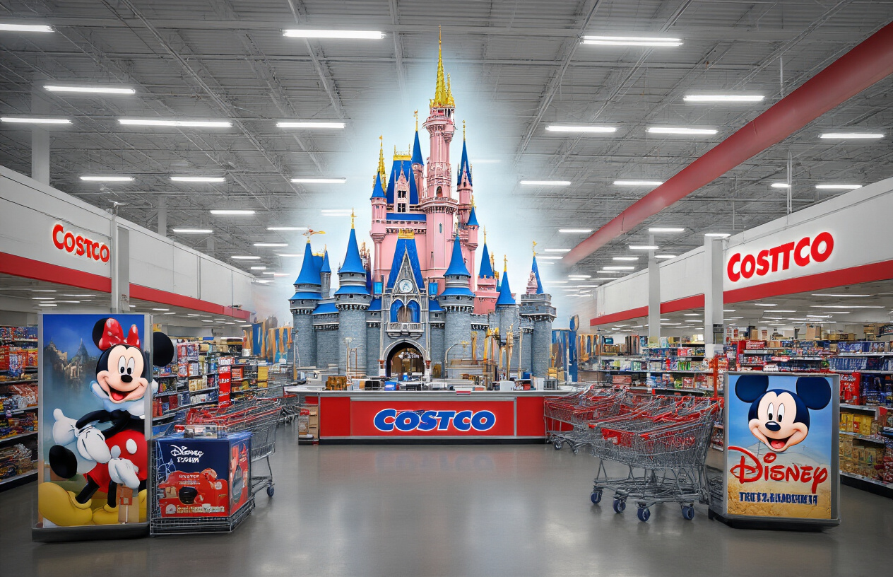 Create a realistic image of a Costco warehouse store entrance with prominent Disneyland castle logo and Mickey Mouse imagery visible on promotional displays near the customer service counter, showing ticket booth area with Disney-themed promotional materials, bright fluorescent warehouse lighting, shopping carts in the background, clean retail environment with red and blue Costco branding, absolutely NO text should be in the scene.