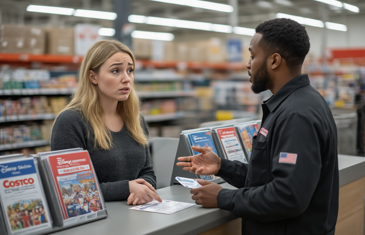 Create a realistic image of a Costco membership services counter with a disappointed white female customer speaking to a black male employee, the counter displays empty brochure holders where Disney ticket pamphlets would typically be placed, behind them are typical Costco warehouse shelving and fluorescent lighting, the scene has a slightly somber business atmosphere suggesting discontinued services, the employee is gesturing apologetically while the customer holds her membership card, absolutely NO text should be in the scene.
