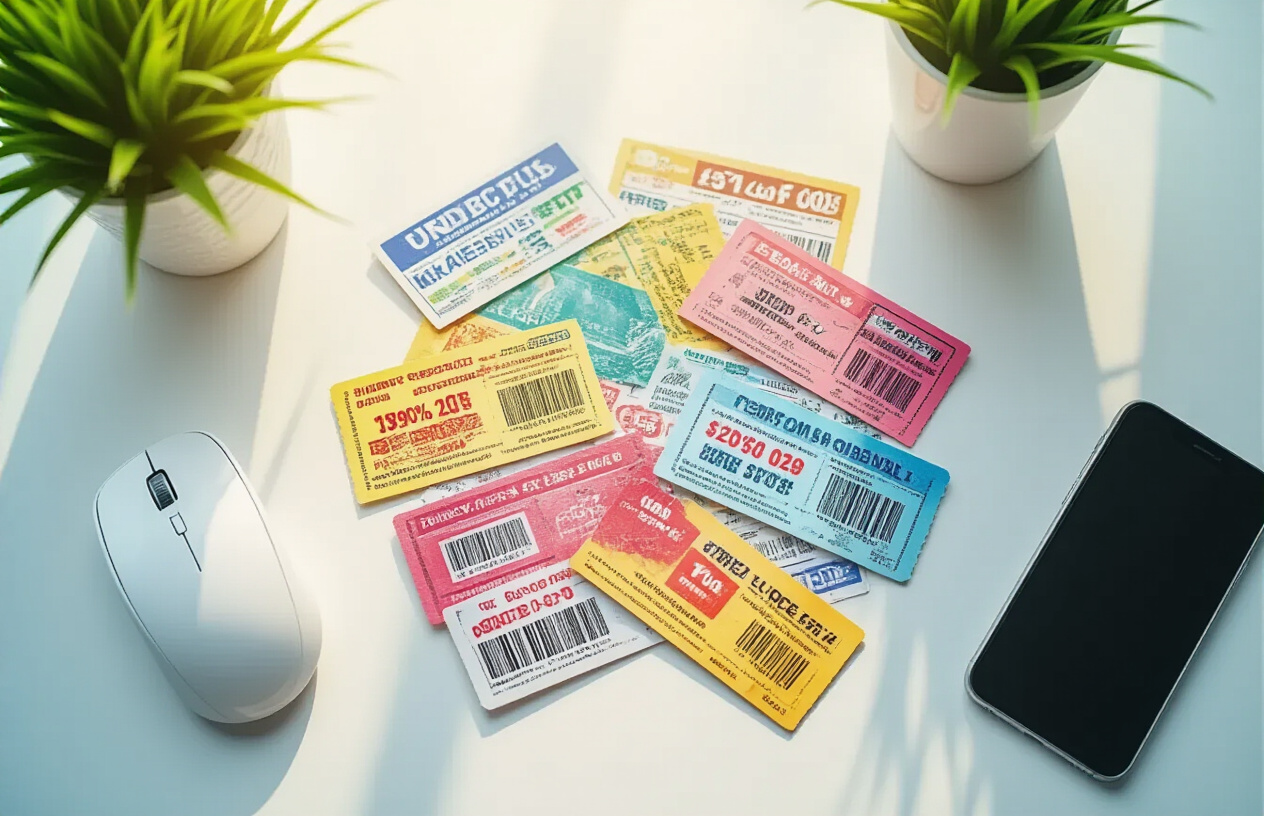 Create a realistic image of multiple colorful discount tickets and vouchers scattered on a clean white surface, featuring various promotional offers and savings deals, with a computer mouse and smartphone nearby suggesting online ticket purchasing, bright natural lighting from above creating soft shadows, warm and inviting atmosphere that conveys savings and deal-hunting opportunities, absolutely NO text should be in the scene.