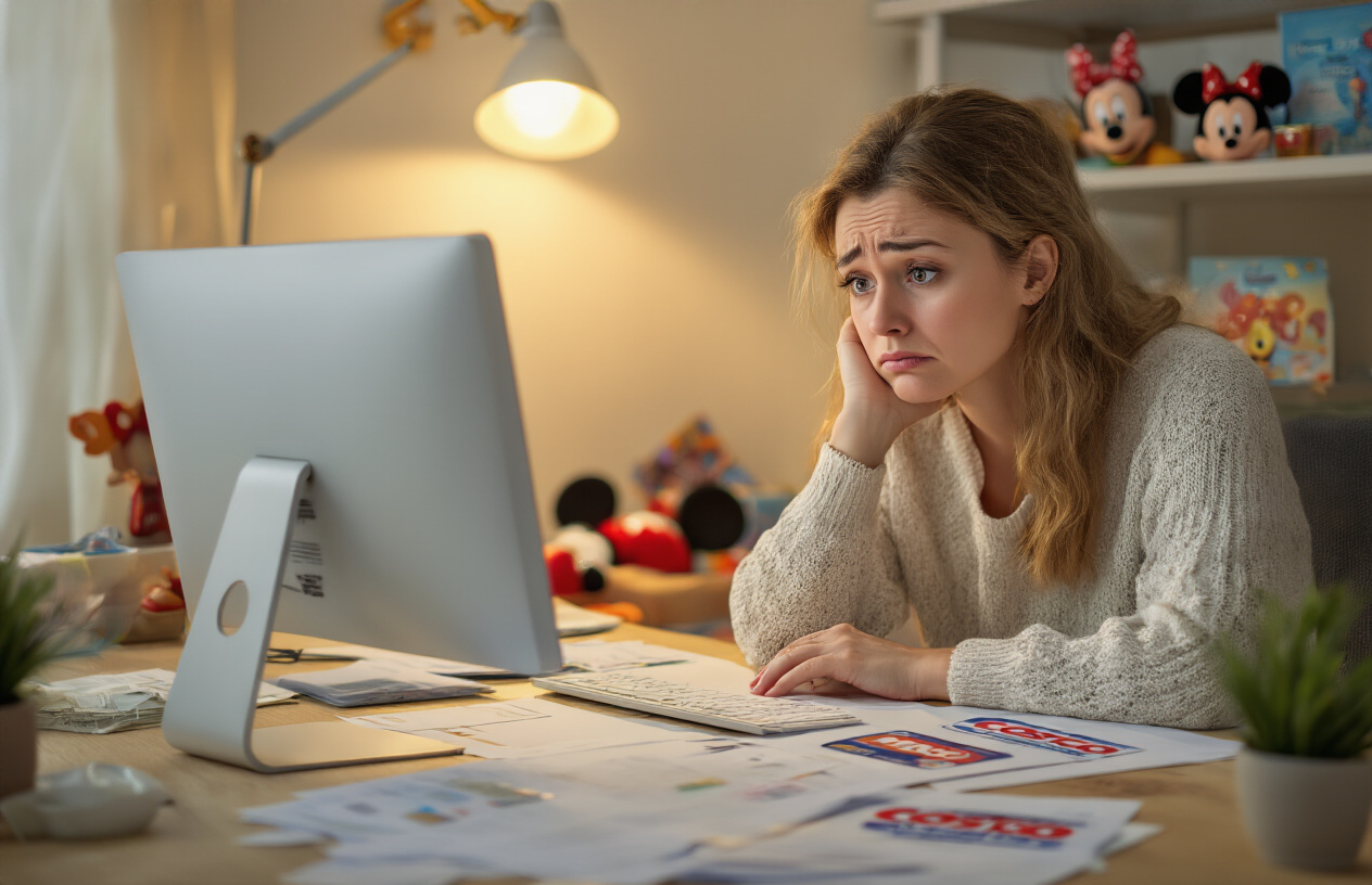 Create a realistic image of a disappointed white female customer in her 30s sitting at a home desk looking at a computer screen, with scattered papers and documents around her, a Costco membership card visible on the desk, Disney-related items like Mickey Mouse ears or a small Disney souvenir in the background on a shelf, warm indoor lighting from a desk lamp, expressing concern while reviewing information, Absolutely NO text should be in the scene.
