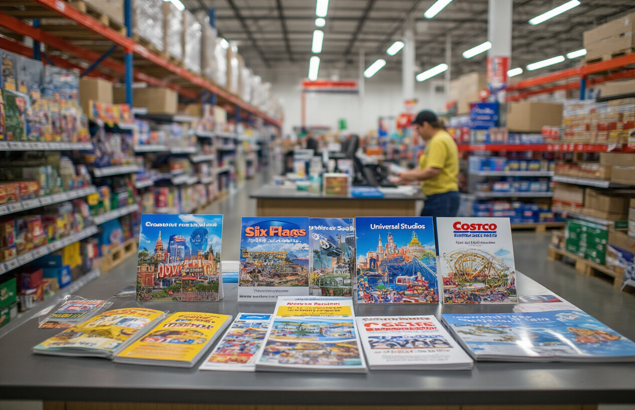 Create a realistic image of a Costco customer service counter displaying various theme park ticket packages and brochures spread across the counter surface, including colorful promotional materials for Universal Studios, Six Flags, SeaWorld, and other major amusement parks, with a clean warehouse-style retail background featuring typical Costco shelving and bright fluorescent lighting, creating a helpful and organized shopping atmosphere. Absolutely NO text should be in the scene.