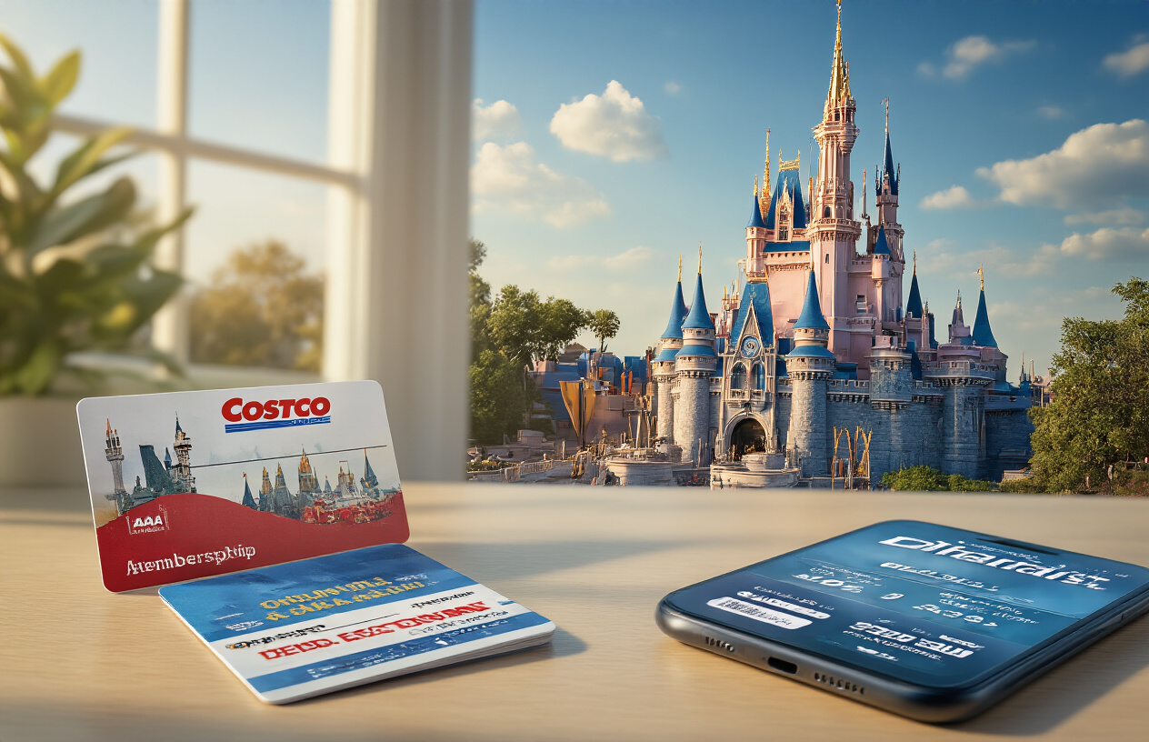 Create a realistic image of a split composition showing a Costco membership card and Disneyland castle in the background on one side, and various alternative discount ticket options like AAA cards, credit cards, and mobile phone displaying ticket apps on the other side, with a warm conclusive lighting that suggests resolution and helpful guidance, set against a clean modern desk surface with soft natural lighting from a window, absolutely NO text should be in the scene.