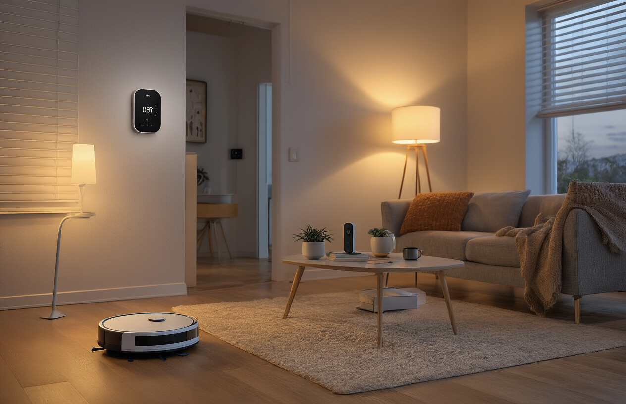 Create a realistic image of a modern living room showcasing various smart home gadgets solving everyday problems, featuring a smart thermostat on the wall, a robot vacuum cleaner on hardwood floors, smart light bulbs in stylish lamps, a voice-controlled smart speaker on a coffee table, automated window blinds, and a smart doorbell visible through a window, all in a clean contemporary home interior with warm ambient lighting and a cozy atmosphere, Absolutely NO text should be in the scene.