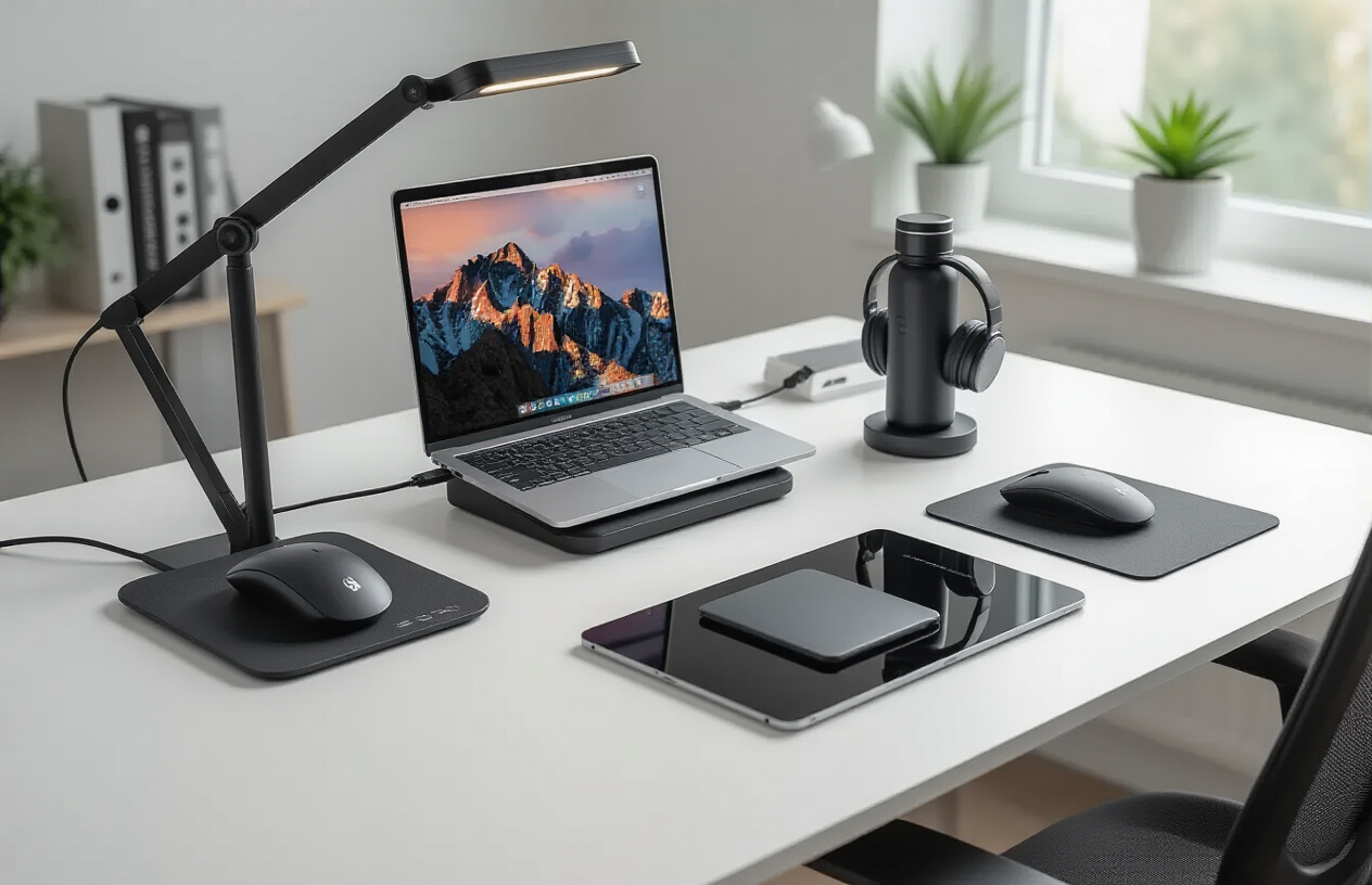 Create a realistic image of a modern desk workspace featuring innovative tech gadgets including a wireless charging mouse pad, ergonomic laptop stand, LED desk lamp with USB ports, noise-cancelling headphones, a sleek tablet with stylus, and a smart water bottle, all arranged on a clean white desk with a comfortable office chair, soft natural lighting from a nearby window, creating a productive and organized atmosphere for work and study, with a minimalist background showing part of a home office, absolutely NO text should be in the scene.