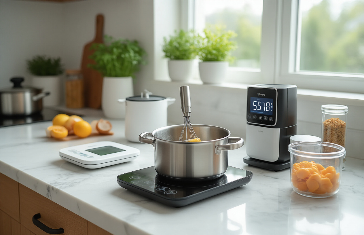 Create a realistic image of a modern kitchen countertop showcasing innovative tech gadgets including a smart food scale, an automatic stirring device in a pot, a digital measuring cup, a compact food vacuum sealer, and a smart kitchen timer, all arranged on clean white marble countertops with soft natural lighting from a window, creating a bright and organized atmosphere that emphasizes efficiency and modern convenience, absolutely NO text should be in the scene.