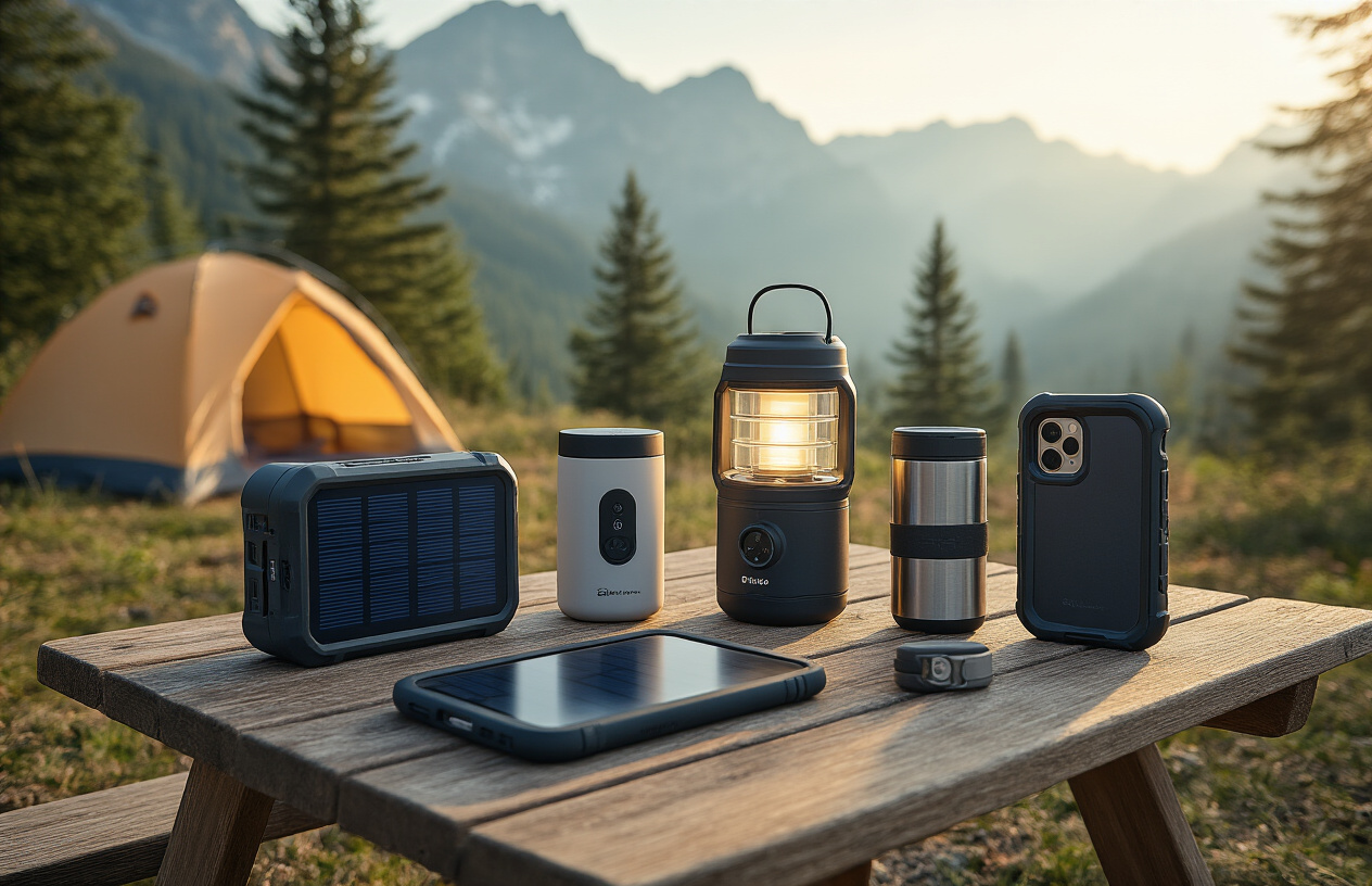 Create a realistic image of innovative tech gadgets for outdoor adventures arranged on a wooden camping table, including a solar-powered portable charger, compact water purification device, smart camping lantern, GPS tracking device, and weatherproof smartphone case, set against a backdrop of a mountain camping scene with pine trees and a tent in soft morning light, creating an adventurous and modern mood that showcases weird but genius travel technology, absolutely NO text should be in the scene.