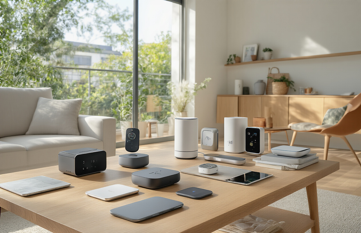 Create a realistic image of a modern living space showcasing an eclectic collection of innovative Amazon tech gadgets arranged on a sleek wooden table and nearby surfaces, including smart home devices, wireless charging pads, ergonomic accessories, fitness trackers, compact kitchen appliances, and portable travel tech, all bathed in warm natural lighting from a large window, with a minimalist background featuring clean white walls and contemporary furniture, creating an organized yet dynamic display that conveys innovation and practicality, absolutely NO text should be in the scene.