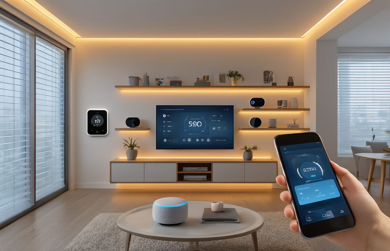 Create a realistic image of a modern living room showcasing various smart home automation devices including a smart thermostat on the wall, voice-controlled smart speakers on shelves, automated LED lighting strips along the ceiling, a smart TV displaying a home control interface, motorized window blinds, and a smartphone or tablet on a coffee table showing a home automation app, all set in a clean contemporary interior with warm ambient lighting and a sophisticated tech-savvy atmosphere, absolutely NO text should be in the scene.