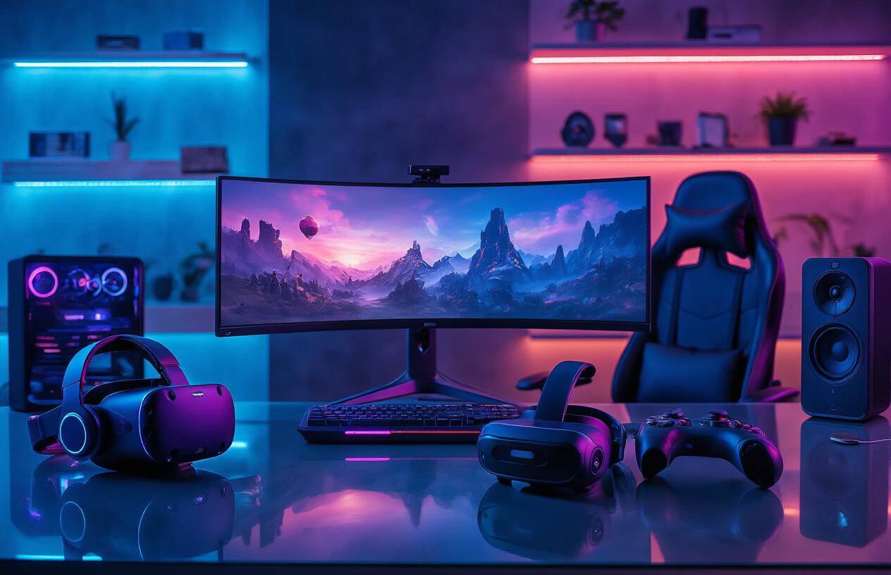 Create a realistic image of a modern gaming setup featuring cutting-edge entertainment gadgets including a curved ultrawide gaming monitor displaying vibrant game graphics, a sleek VR headset resting on a glass desk, wireless gaming controllers with LED accents, high-end gaming headphones, a futuristic gaming chair, and various tech accessories like wireless charging pads and smart speakers, all arranged in a contemporary room with ambient LED lighting creating a purple and blue glow, clean minimalist background with dark walls, professional product photography lighting that highlights the premium quality and futuristic design of each device, absolutely NO text should be in the scene.
