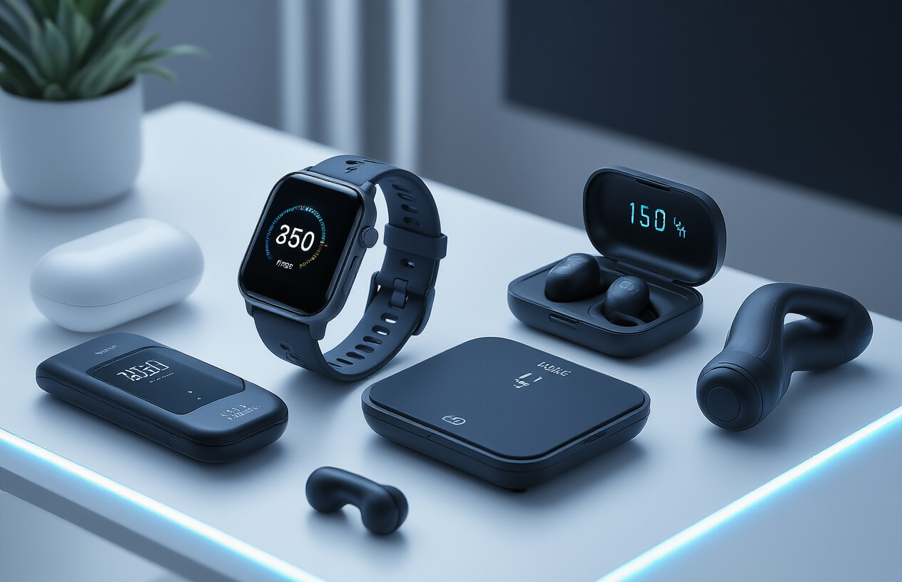 Create a realistic image of modern health and fitness technology devices arranged on a sleek white surface, including a smartwatch with glowing display, wireless earbuds in an open charging case, a smart fitness ring, a compact body composition scale, a heart rate monitoring chest strap, and a portable massage gun, with soft LED lighting creating a clean tech aesthetic and subtle blue accent lighting, futuristic minimalist background, absolutely NO text should be in the scene.