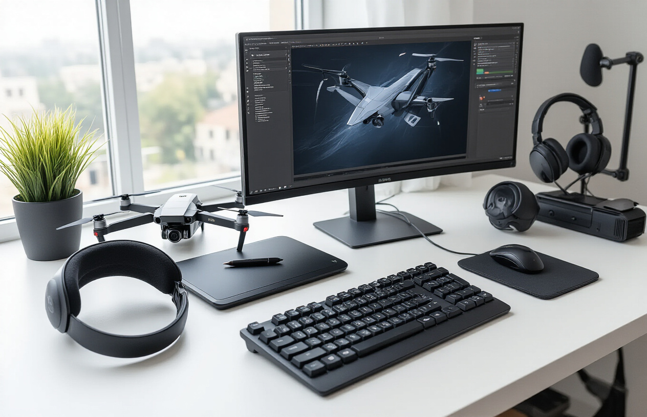 Create a realistic image of a modern workspace featuring high-end professional tools including a sleek digital drawing tablet with stylus, premium wireless headphones, a sophisticated camera drone, a high-resolution monitor displaying creative software interface, mechanical keyboard, and advanced microphone setup arranged on a clean white desk with soft natural lighting from a nearby window, creating a productive and innovative atmosphere for professional creators. Absolutely NO text should be in the scene.