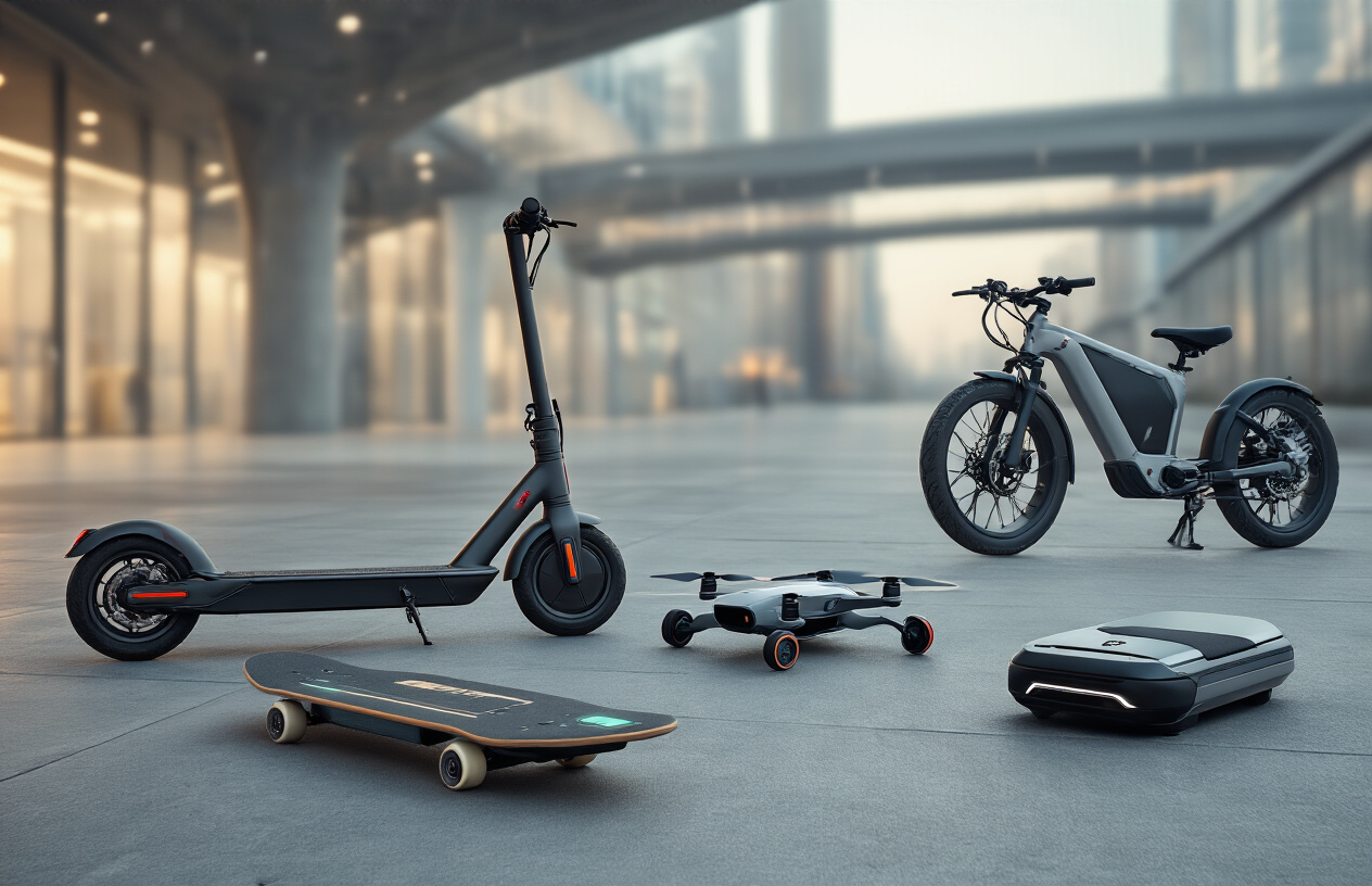 Create a realistic image of futuristic transportation devices including a sleek electric scooter, a compact personal drone, smart electric skateboard, and a foldable e-bike arranged on a modern concrete surface, with soft natural lighting from above, clean minimalist background with subtle tech aesthetic, metallic and carbon fiber textures on the devices, LED accent lights glowing on the gadgets, contemporary urban setting suggestion in the blurred background, professional product photography style lighting, absolutely NO text should be in the scene.