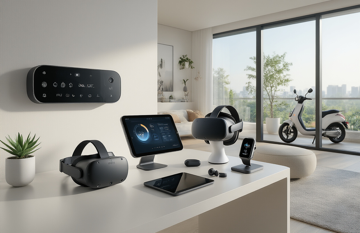 Create a realistic image of a modern living space showcasing multiple high-tech gadgets and devices from 2025, featuring a sleek smart home control panel on the wall, gaming VR headset and controllers on a minimalist desk, fitness smartwatch and wireless earbuds on a charging station, professional tablet with stylus for creative work, and a glimpse of an electric scooter in the background near a large window, all arranged in a clean contemporary room with soft natural lighting streaming through floor-to-ceiling windows, creating an aspirational and sophisticated technology lifestyle atmosphere, absolutely NO text should be in the scene.