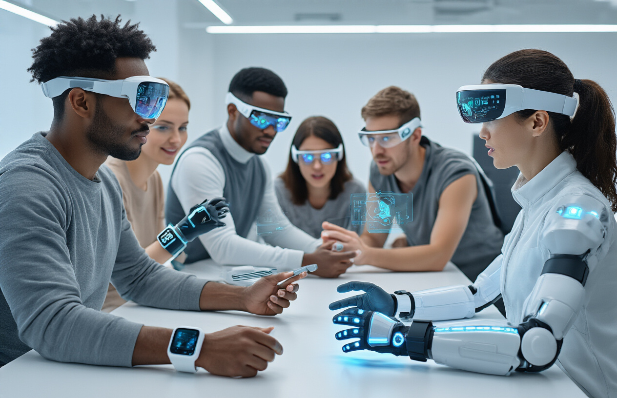 Create a realistic image of a diverse group of people wearing futuristic wearable technology devices including smart contact lenses with visible augmented reality displays, sleek fitness tracking arm bands with holographic interfaces, neural interface headbands, and high-tech exoskeleton gloves that glow with blue LED lights, set in a modern minimalist tech laboratory with clean white surfaces and soft ambient lighting that highlights the advanced gadgets, showing people of different races and genders actively demonstrating the body-enhancing capabilities of their wearable devices with expressions of amazement and focus, Absolutely NO text should be in the scene.