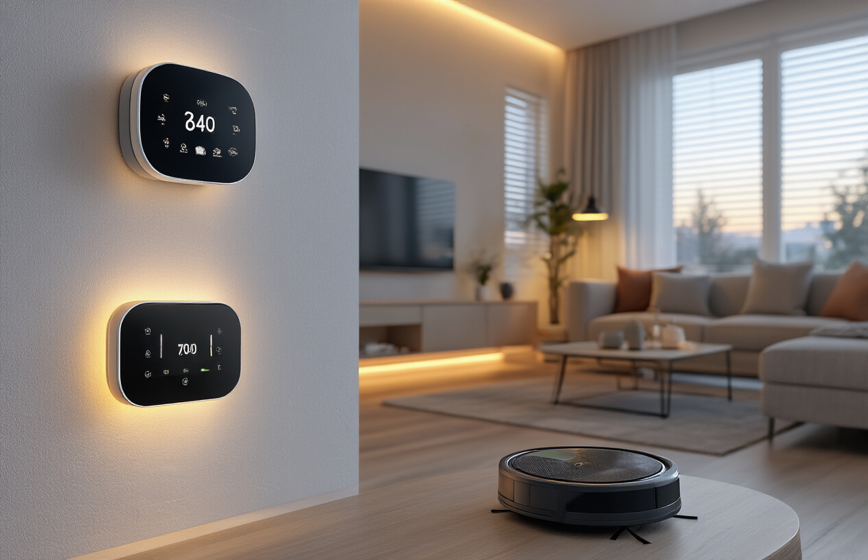 Create a realistic image of a modern smart home interior showing an automated living room with a sleek smart thermostat on the wall displaying temperature settings, automated blinds adjusting themselves, smart lights dimming automatically, a robotic vacuum cleaning the floor, and a smart speaker on a coffee table, all captured in warm ambient lighting that suggests the evening automation routine is activating, with a futuristic yet comfortable atmosphere emphasizing the seamless integration of advanced home technology, absolutely NO text should be in the scene.