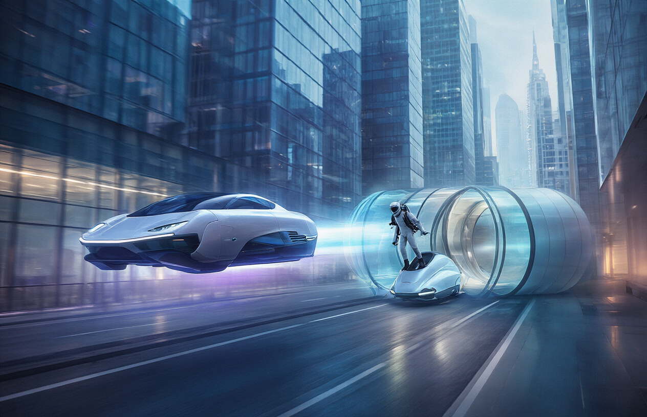 Create a realistic image of futuristic transportation vehicles including a sleek hovering car floating above the ground, a personal jetpack worn by a white male figure in mid-flight, and a high-speed hyperloop pod emerging from a translucent tube, all set against a modern cityscape with glass buildings and clean streets, dramatic lighting with soft blue and purple ambient glow suggesting advanced technology, captured from a dynamic low angle perspective that emphasizes the sci-fi nature of these transportation methods, absolutely NO text should be in the scene.