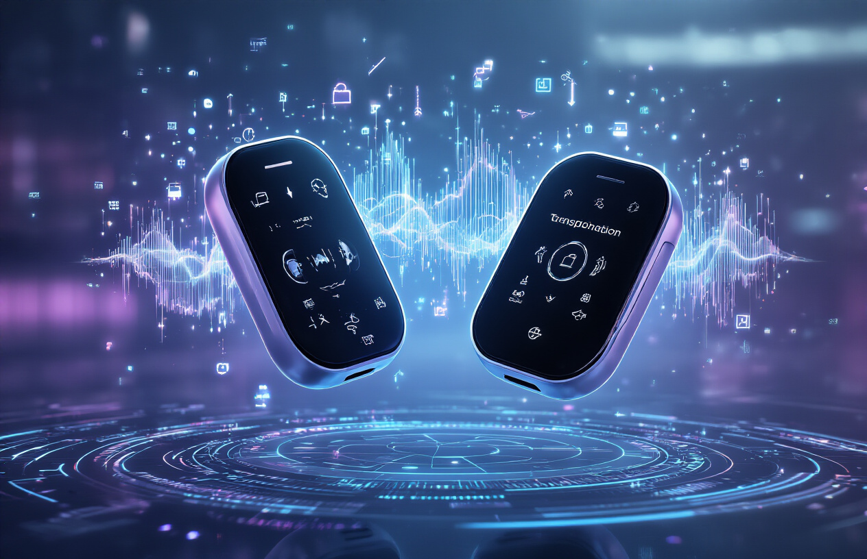 Create a realistic image of futuristic translucent earbuds and sleek handheld communication devices floating in mid-air with holographic sound waves and digital translation symbols emanating from them, set against a modern minimalist background with soft blue and purple ambient lighting, featuring subtle geometric patterns that suggest advanced technology and global connectivity, with a clean sci-fi aesthetic that conveys seamless language translation capabilities, absolutely NO text should be in the scene.